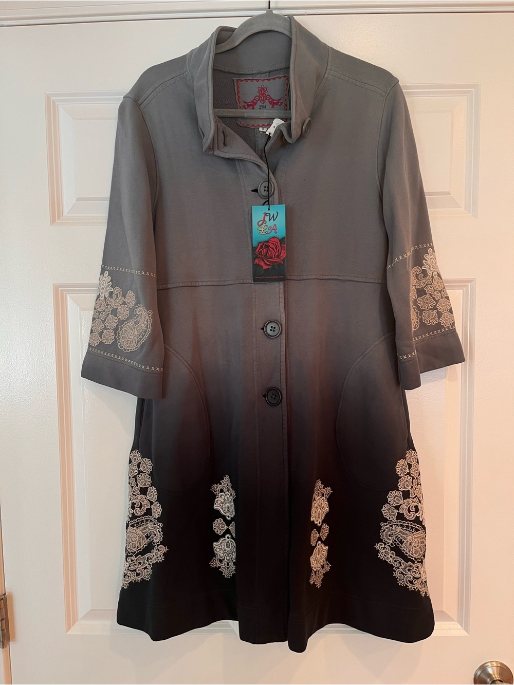 NWT Johnny Was LA Ombré Jacket Coat Sz Small Cotton Fleece Embroidered Blue-Gray